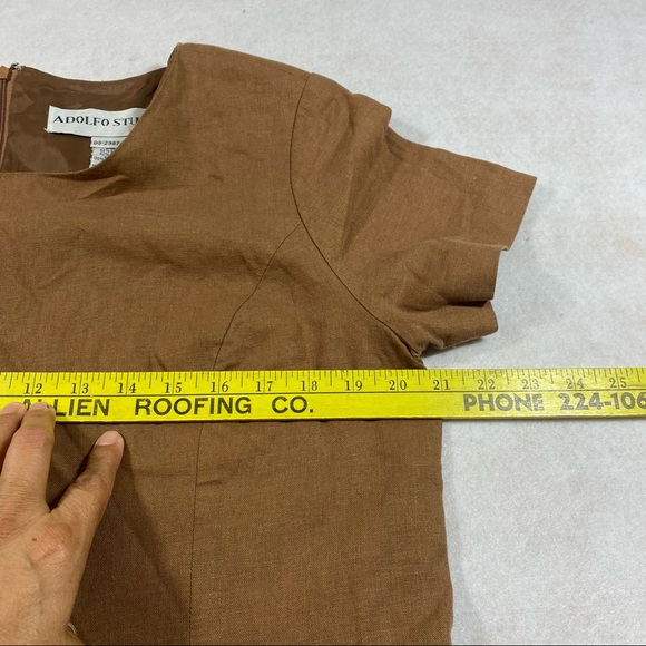 Adolfo Studio Dress Woman’s 14 Linen Blend Maxi Sheath Dress Brown Short Sleeve - Picture 4 of 11